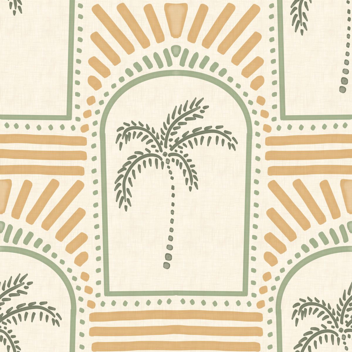 Tropical Palm Art Deco Archways Costal Green & Sand Wallpaper⁠ in your room