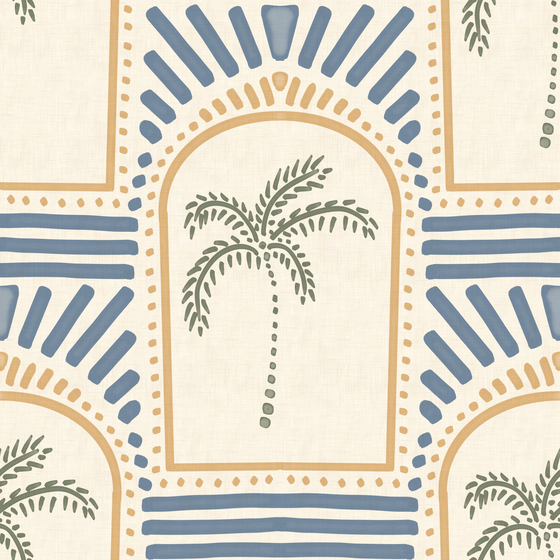 Tropical Palm Art Deco Archways Sand & Slate Blue Wallpaper in a bright living room.