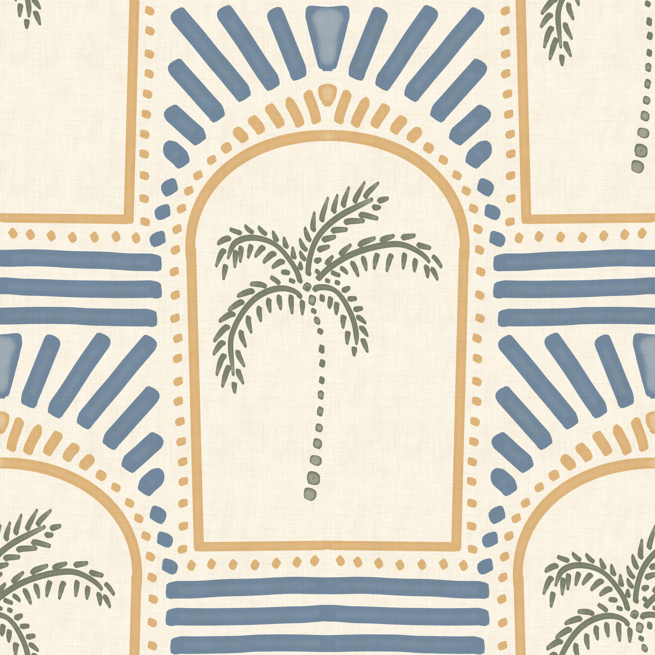 Tropical Palm Art Deco Archways Sand & Slate Blue Wallpaper⁠