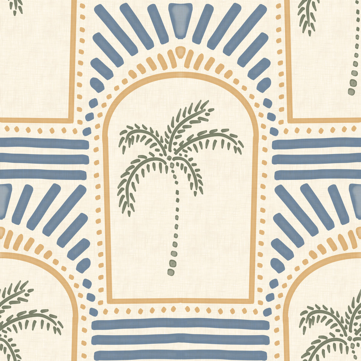 Tropical Palm Art Deco Archways Sand & Slate Blue Wallpaper⁠ in your room