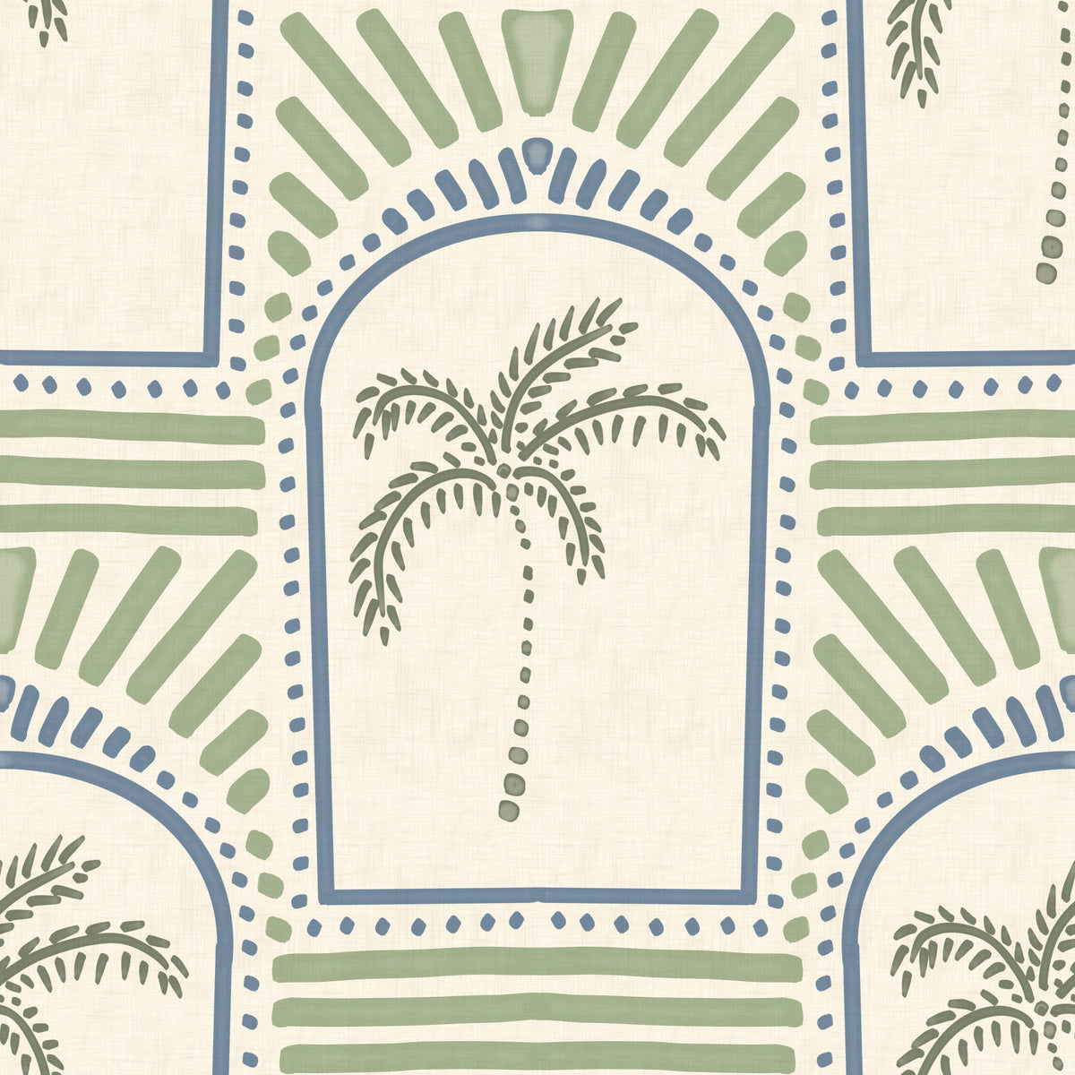 Tropical Palm Art Deco Archways Slate Blue & Costal Green Wallpaper⁠ in your room — zoomed