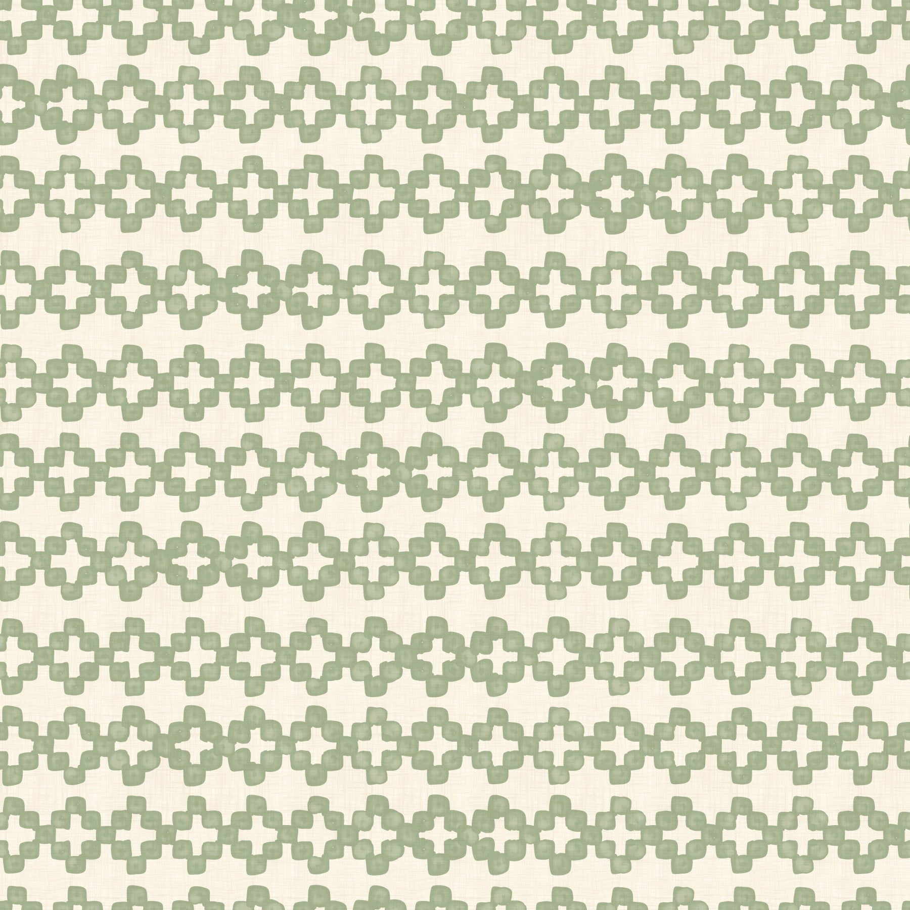 Living room calmed by Zellige Cross Ornament coastal green wallpaper in daylight.