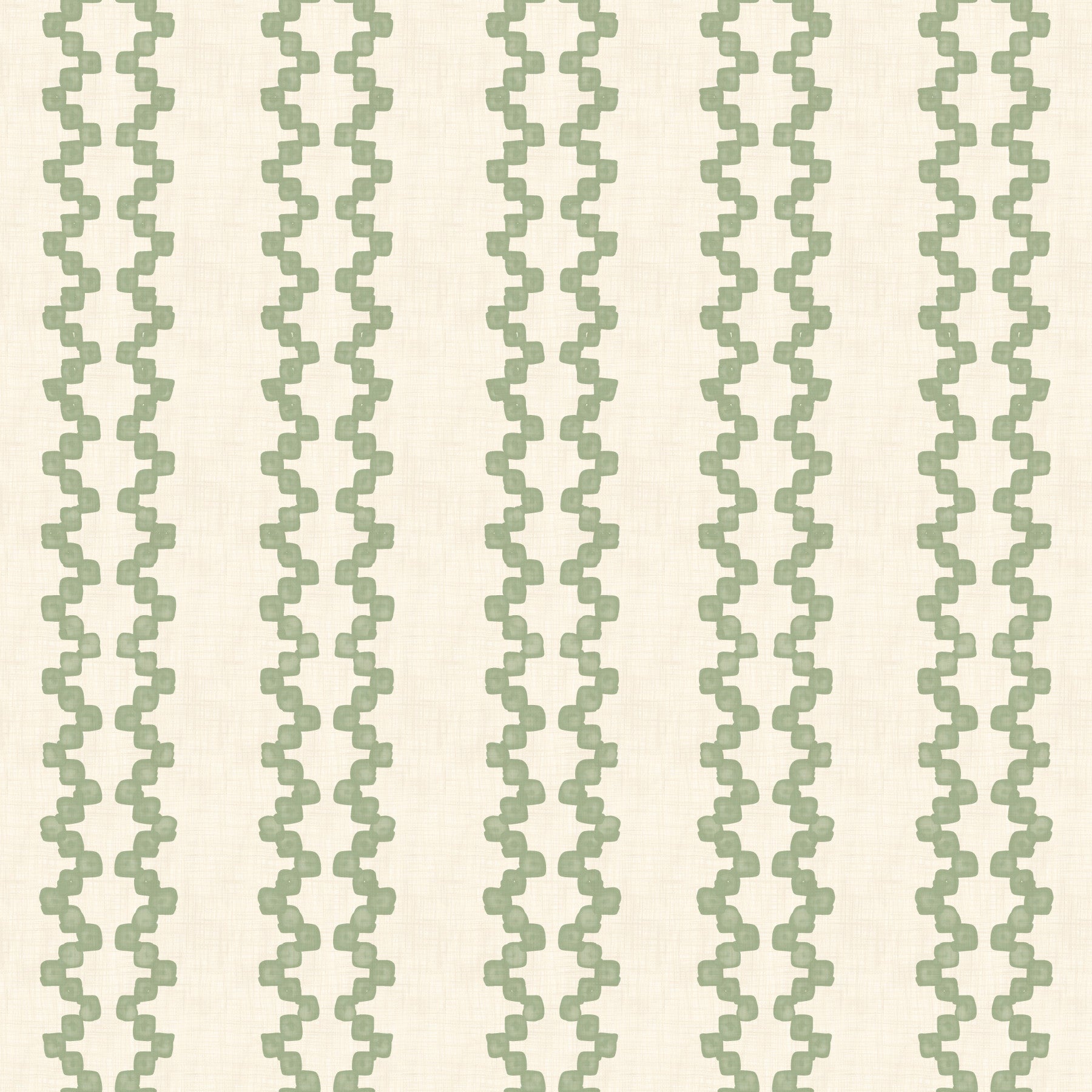 Bright living room styled with zellige striped ornament wallpaper in coastal green.