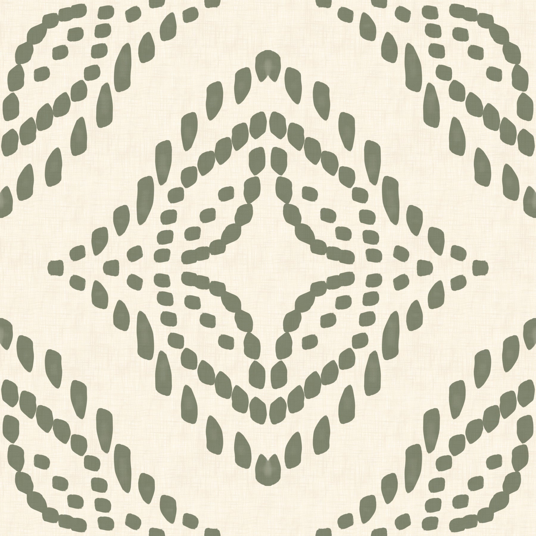 Palm green block ornament wallpaper sets a calm boho mood in a bright living room