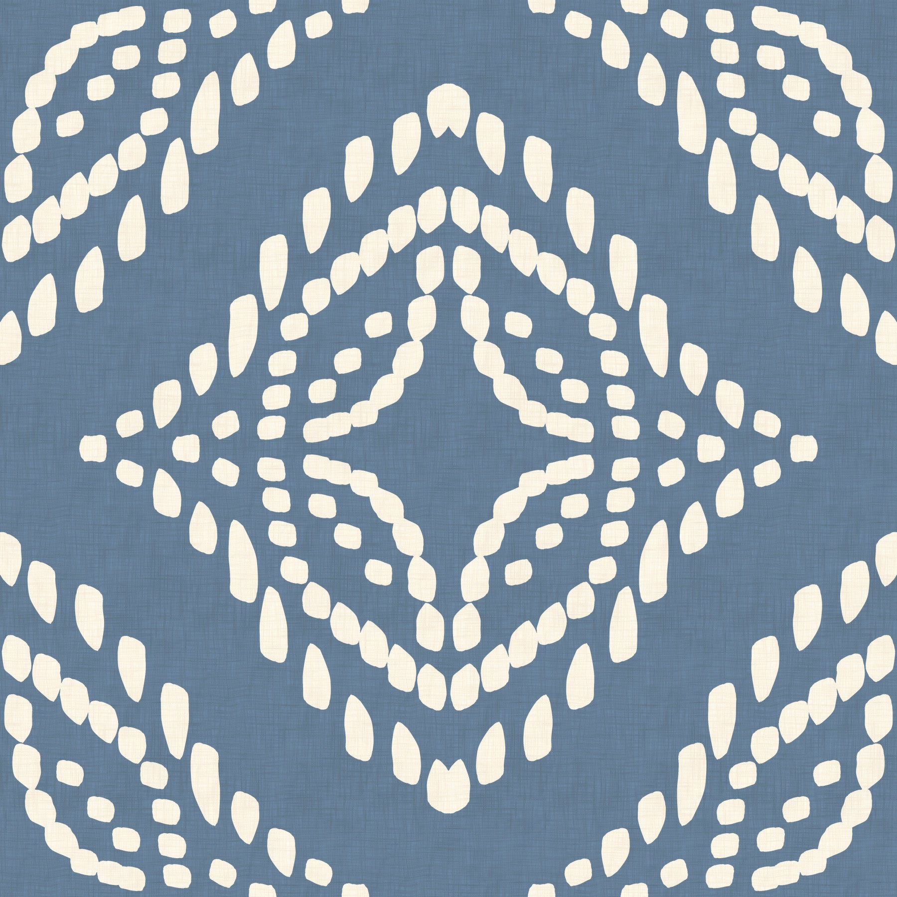 Block print ornament slate blue canvas wallpaper anchors this dining room calmly