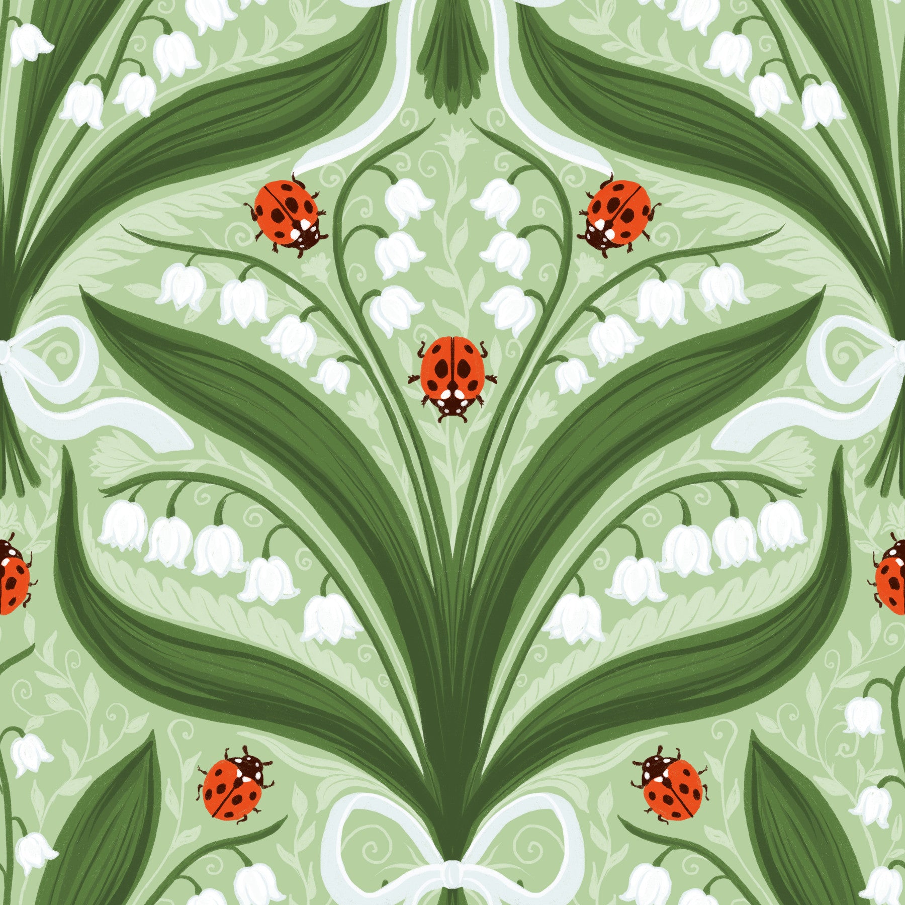 Lily of the valley ladybug wallpaper gives a calm living room folk symmetry