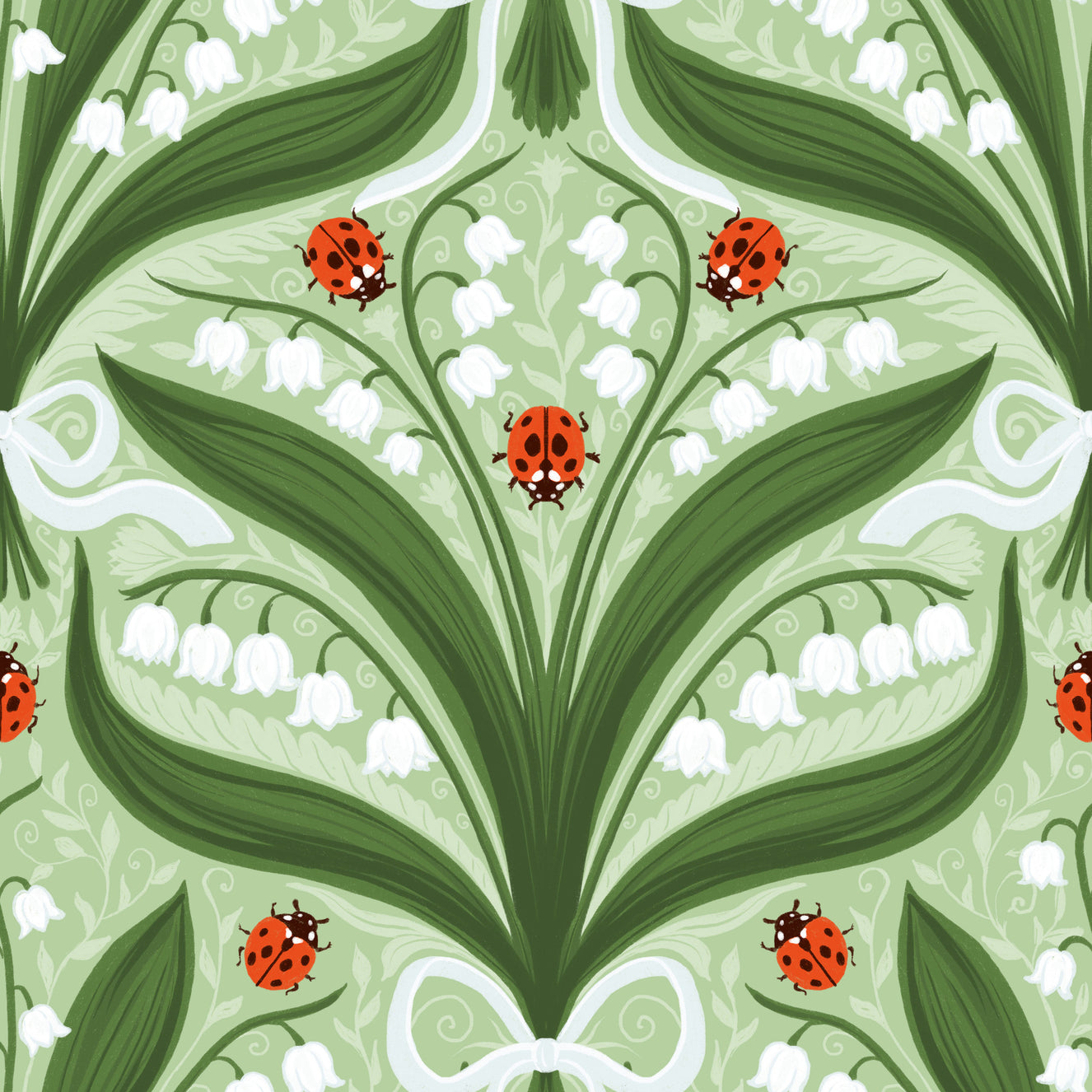 Lily of the valley and ladybugs symmetry in green, white and red 2 Wallpaper⁠