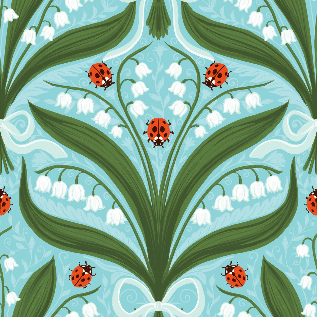 Lily of the valley and ladybugs symmetry in green, white and red 3 Wallpaper⁠ in your room