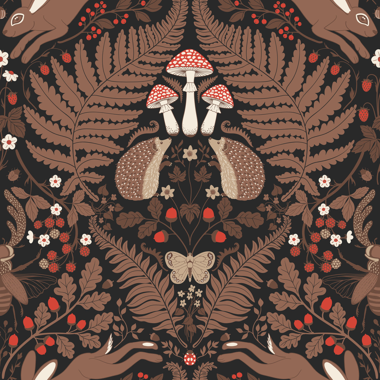 Woodland animals and plants in red and brown Wallpaper⁠