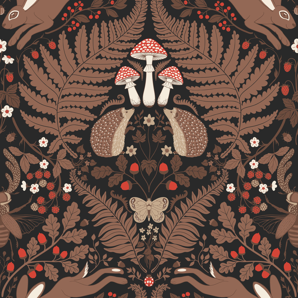 Woodland animals and plants in red and brown Wallpaper⁠ in your room
