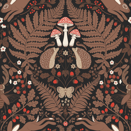Woodland animals and plants in red and brown Wallpaper⁠