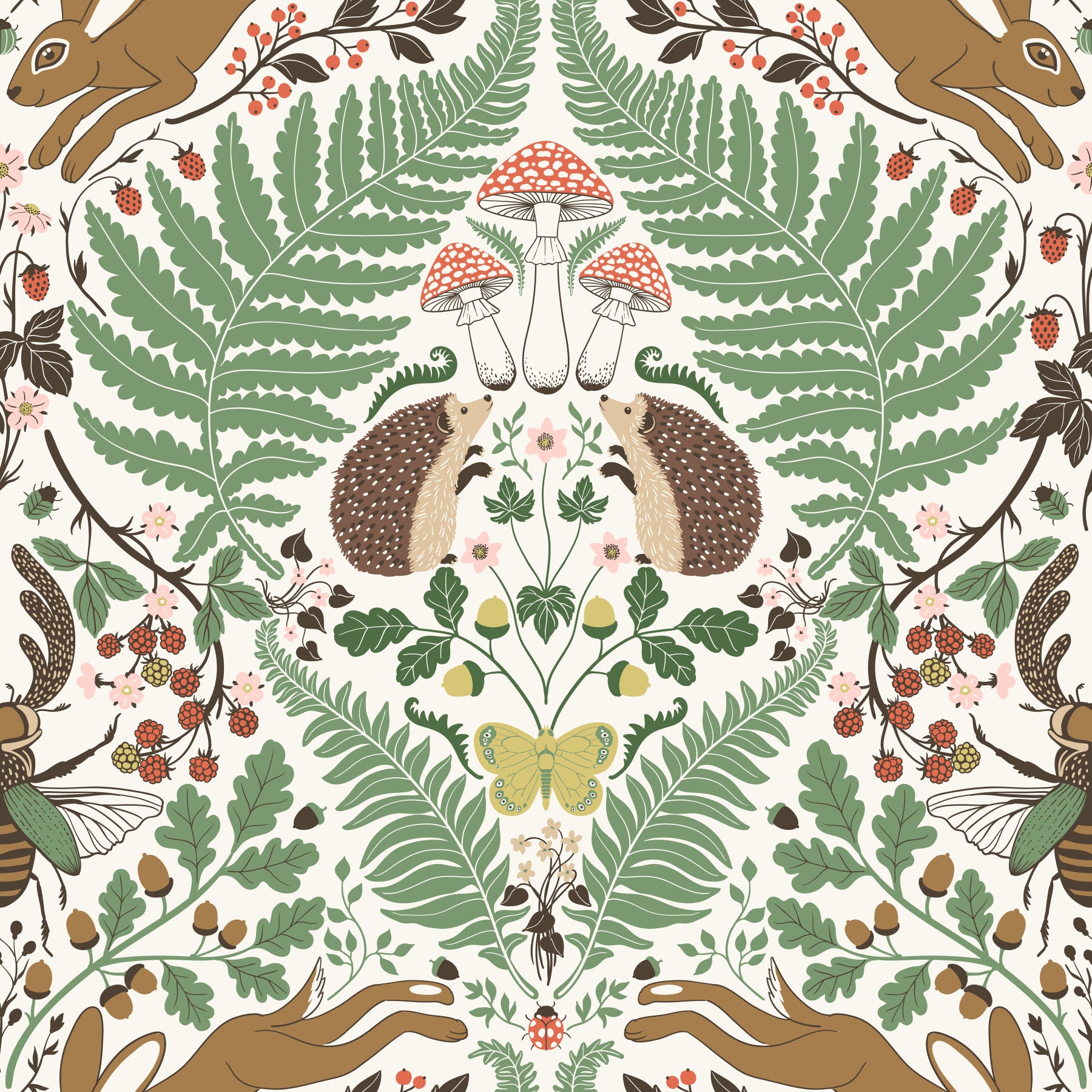 Woodland animals wallpaper in sage and ochre warms a calm living room