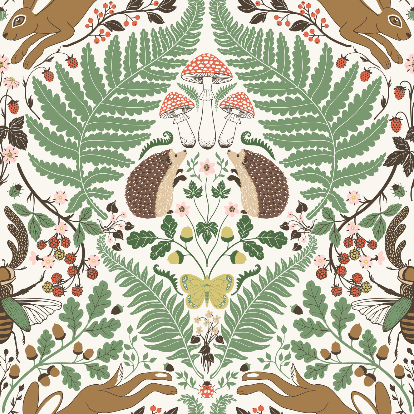 Woodland animals and plants in sage and ochre Wallpaper⁠