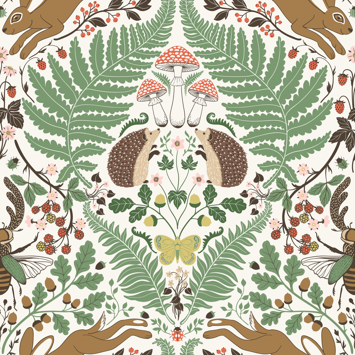 Woodland animals and plants in sage and ochre Wallpaper⁠