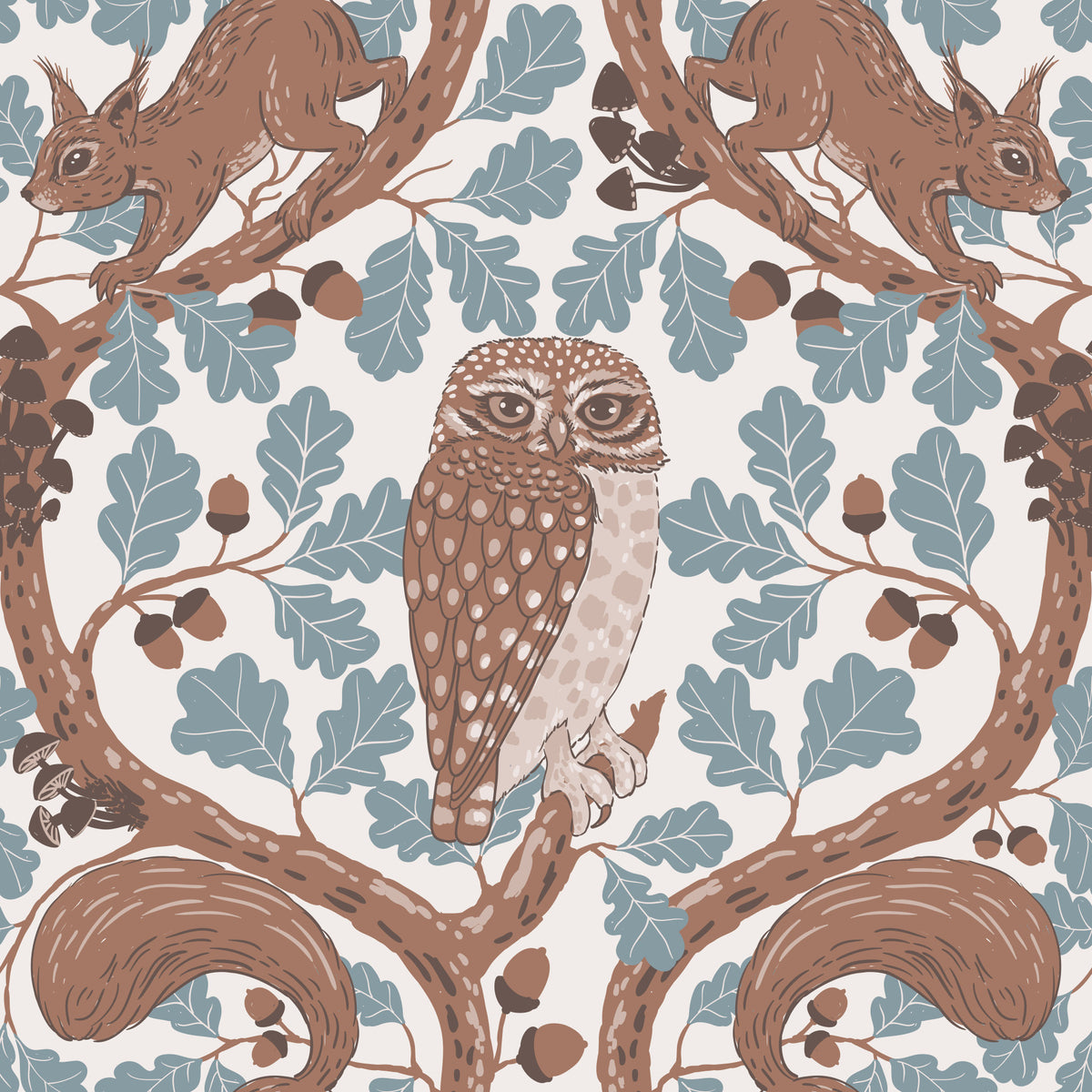 Woodland Whispers/Owls and Squirrels in the Oak/mocha mousse and coffee brown Wallpaper⁠ in your room — zoomed