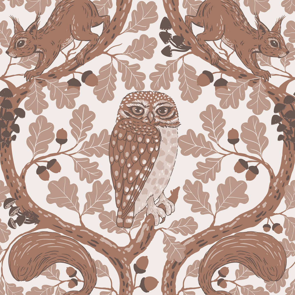 Woodland Whispers/Owls and Squirrels in the Oak/mocha mousse and coffee brown 2 Wallpaper⁠ in your room — zoomed
