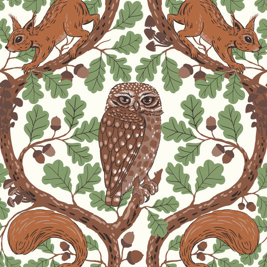 Woodland Whispers/Owls and Squirrels in the Oak/mocha mousse and coffee brown 3 Wallpaper⁠
