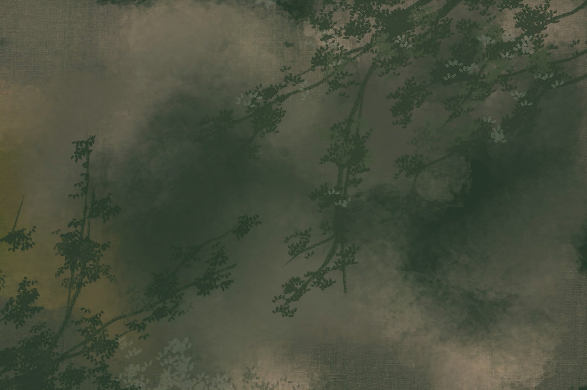 Verdant Mist Branches Moody Green Forest Wall Mural in your room — zoomed