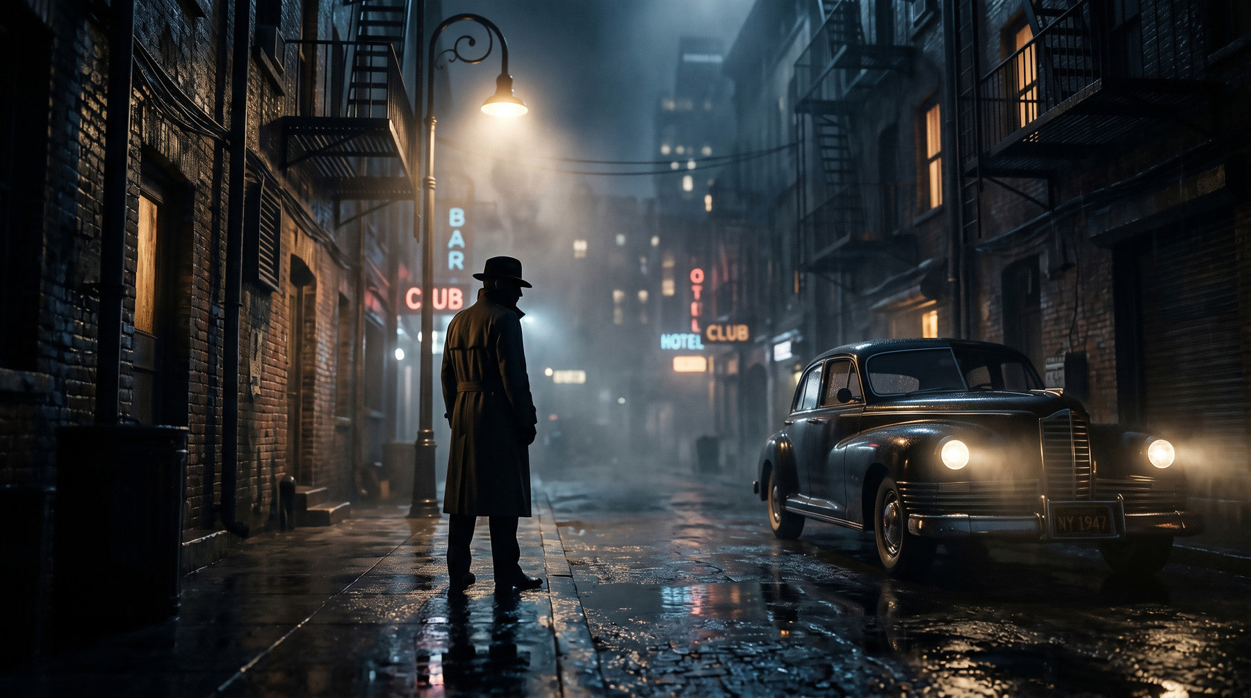 Midnight city noir wall mural sets a cinematic mood across a styled dining room