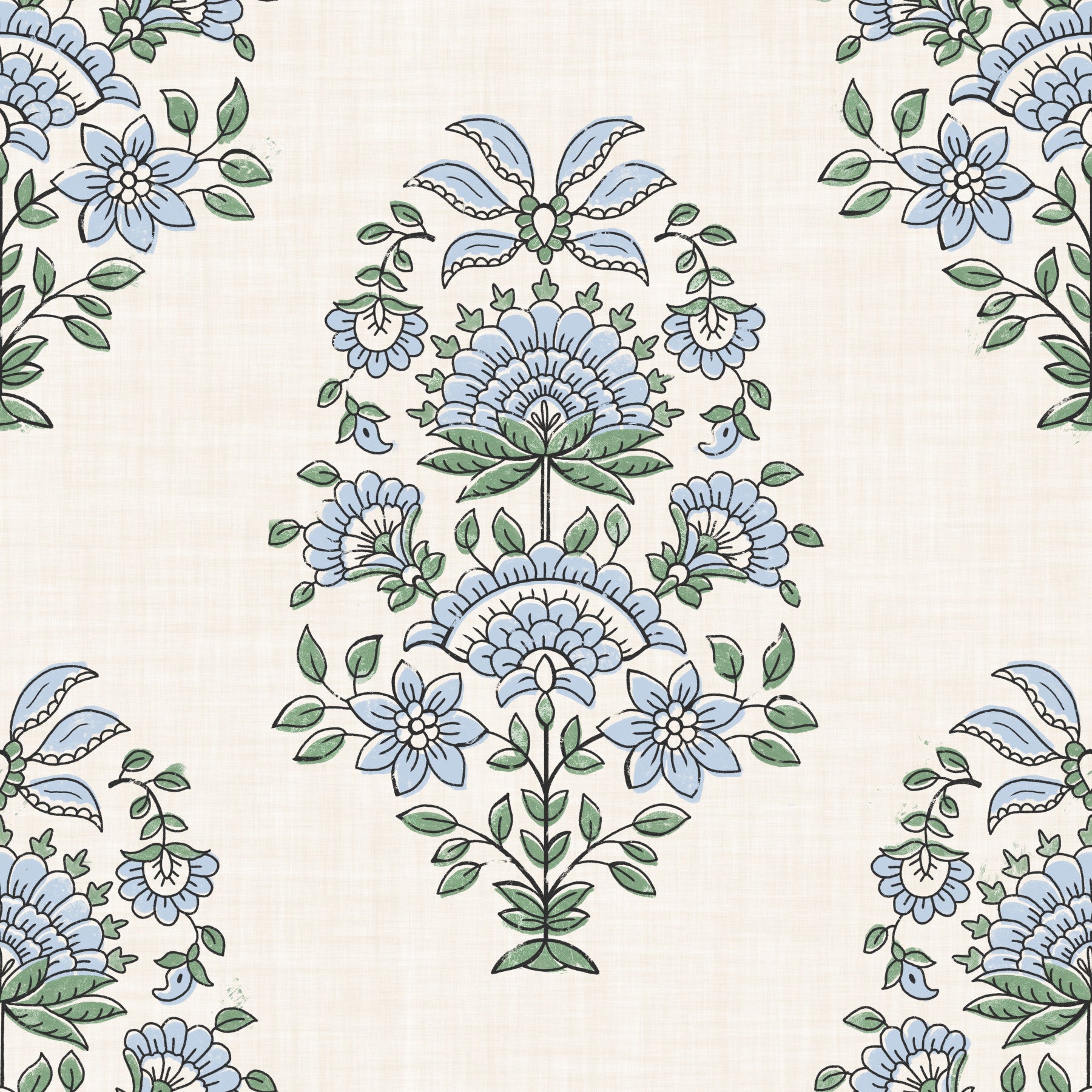 Bedroom styled with Serene Blue Floral Motif Wallpaper for a calm, restful mood