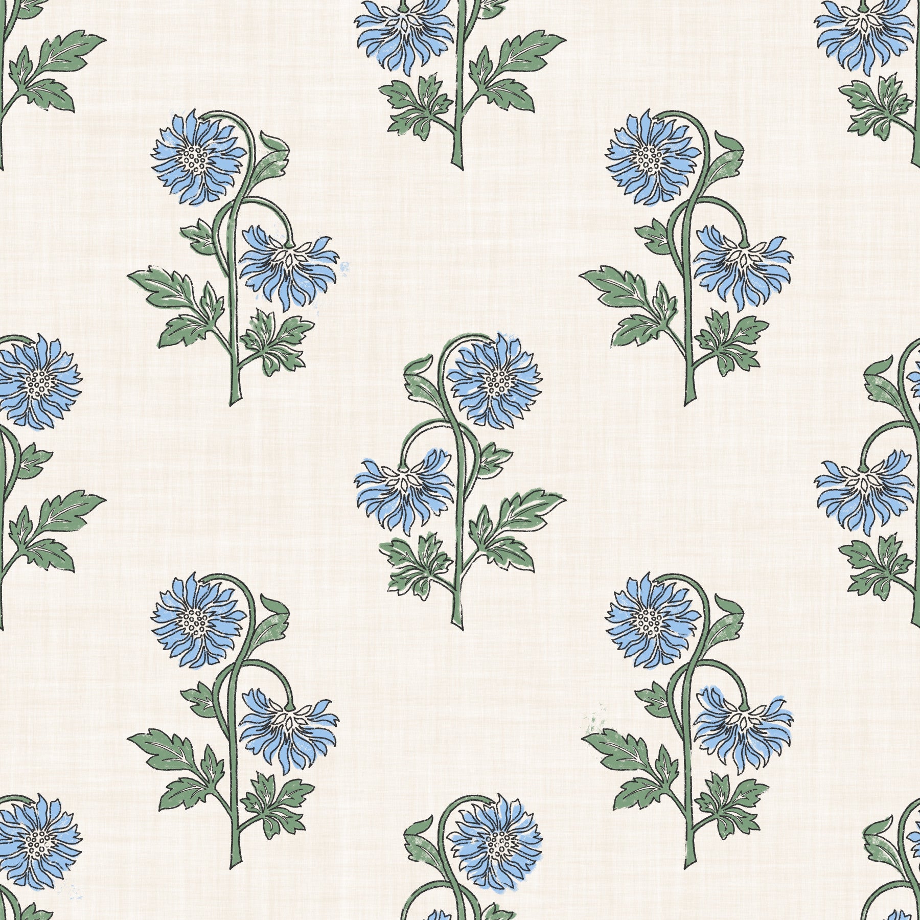 Living room dressed in Azure Petal Harmony wallpaper, blue blooms on cream
