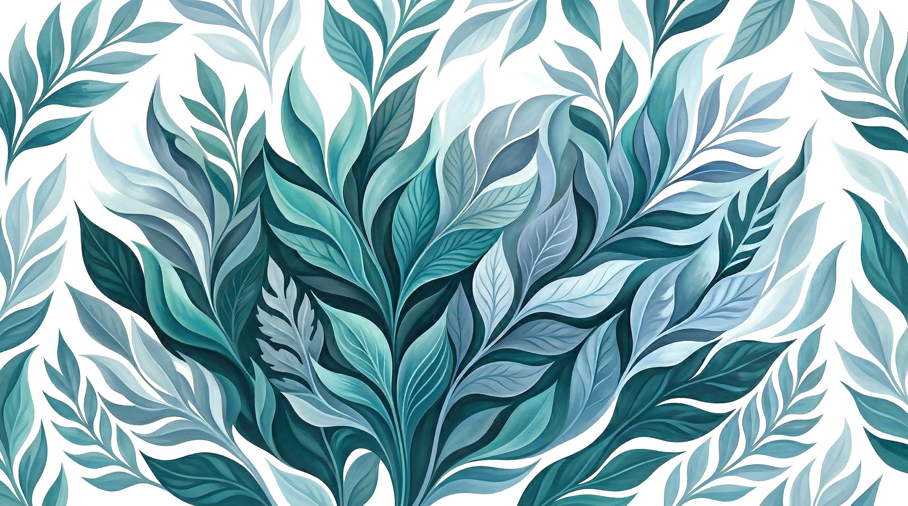 Dining room set against the Serene Leaf Dance wall mural in cool blue tones.
