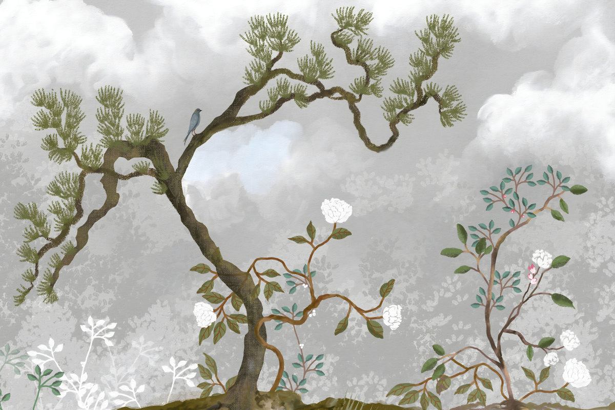 Misty Garden Bloom Chinoiserie Pine white florals Wall Mural in your room