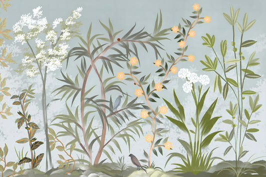 chinoiserie, japanese style, oriental, crane birds, pine trees, white florals, blossom, clouds, sky, forest, nature, serene, elegant, vintage inspired, asian art, botanical, delicate,  Wall Mural