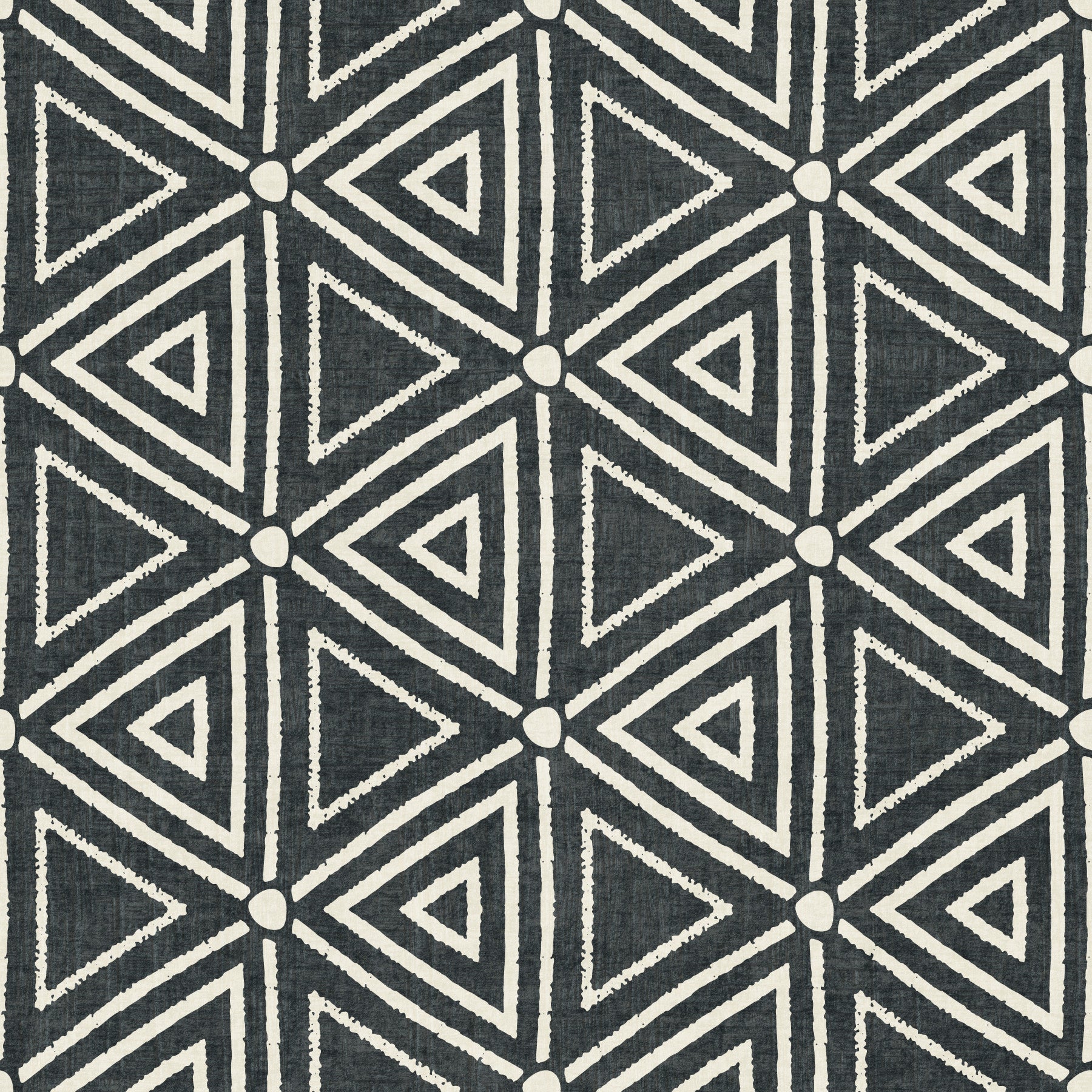Cream triangles on charcoal frame a calm, neutral living room in boho mudcloth wallpaper