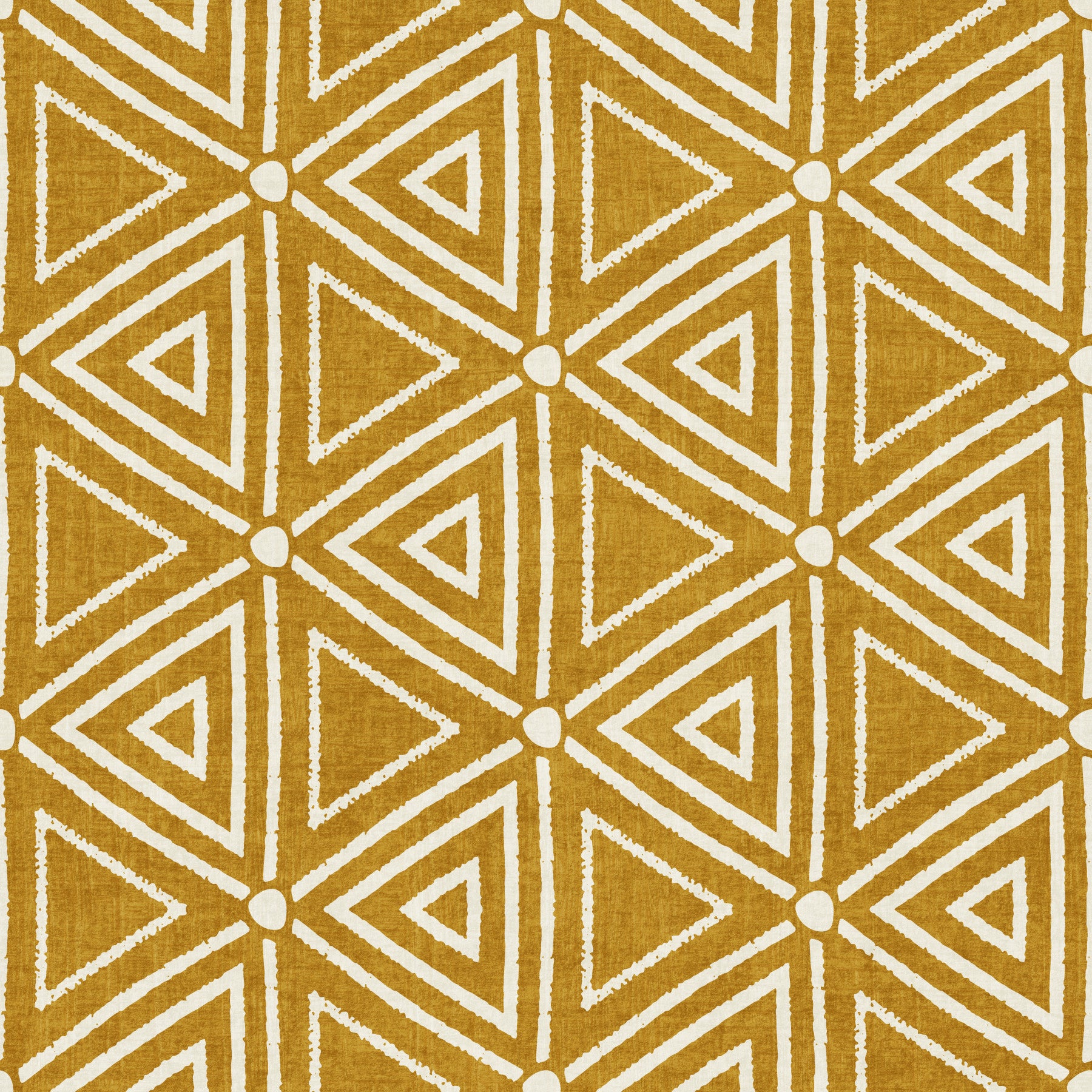Mustard mudcloth wallpaper warms a relaxed Kitchen  with nested triangles