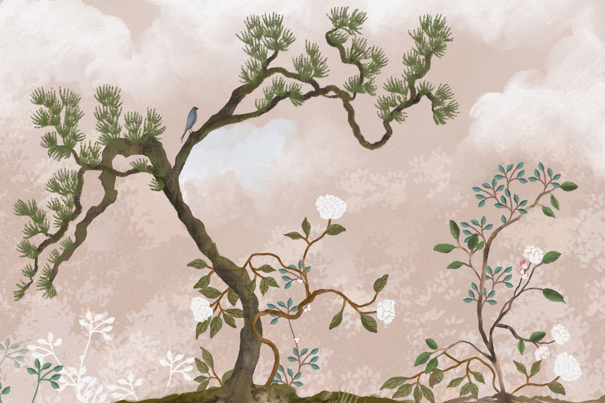 Serene Chinoiserie Garden & Blue Birds Wall Mural in your room