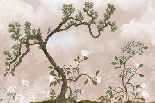 Serene Chinoiserie Garden & Blue Birds Wall Mural