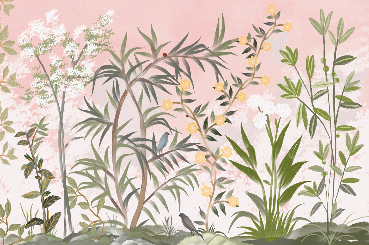 Pink Botanical Serenity Chinoiserie Flowers Trees Wall Mural in your room