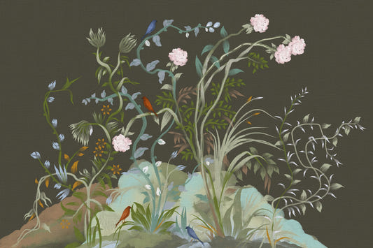 Verdant Vines & Garden Birds Chinoiserie Botanical Landscape Moody Wall Mural