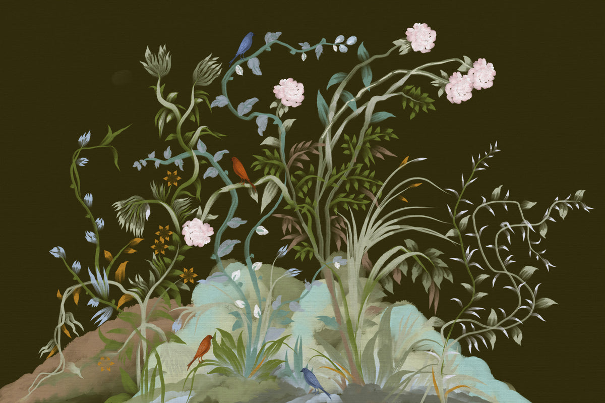 Enchanted Grove Birds Chinoiserie Botanical Flower trees Wall Mural in your room