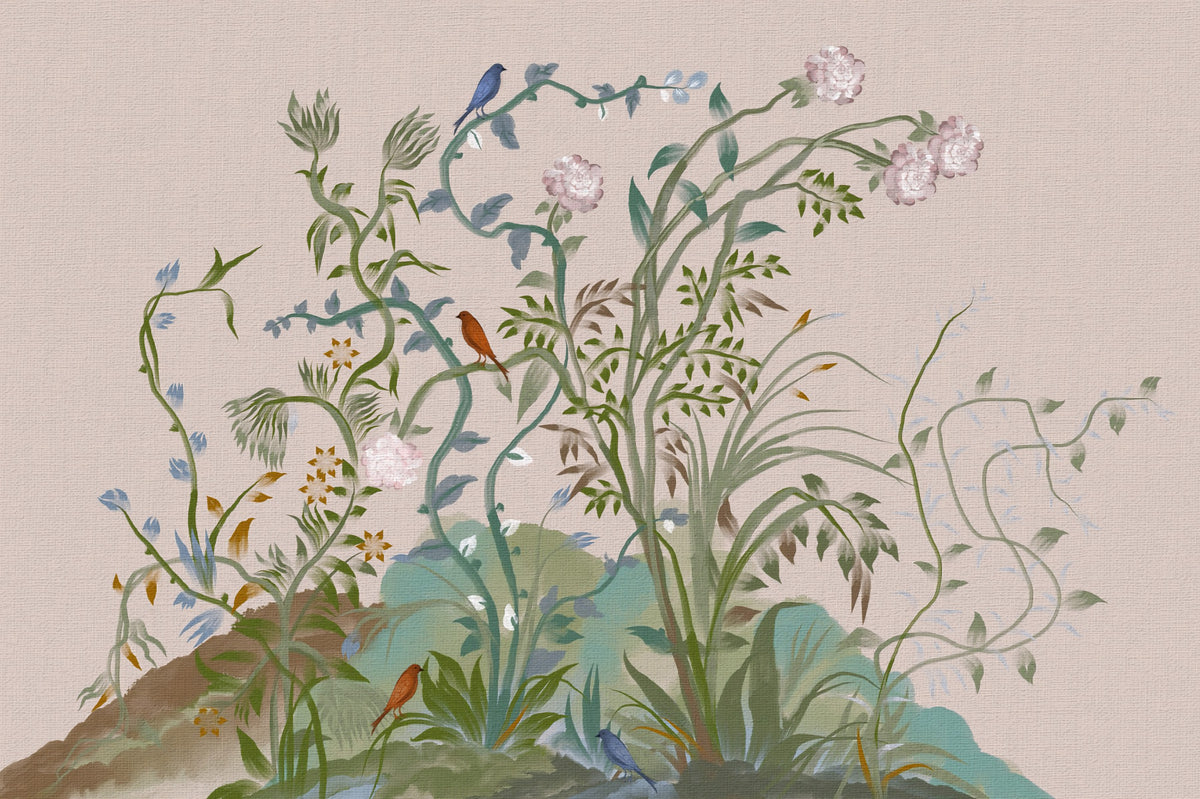 Chinoiserie Japanese Crane Forest Design with Pine Trees, White Floral Blossoms, Soft Cloud Sky, Elegant Oriental Nature  Wall Mural in your room — zoomed