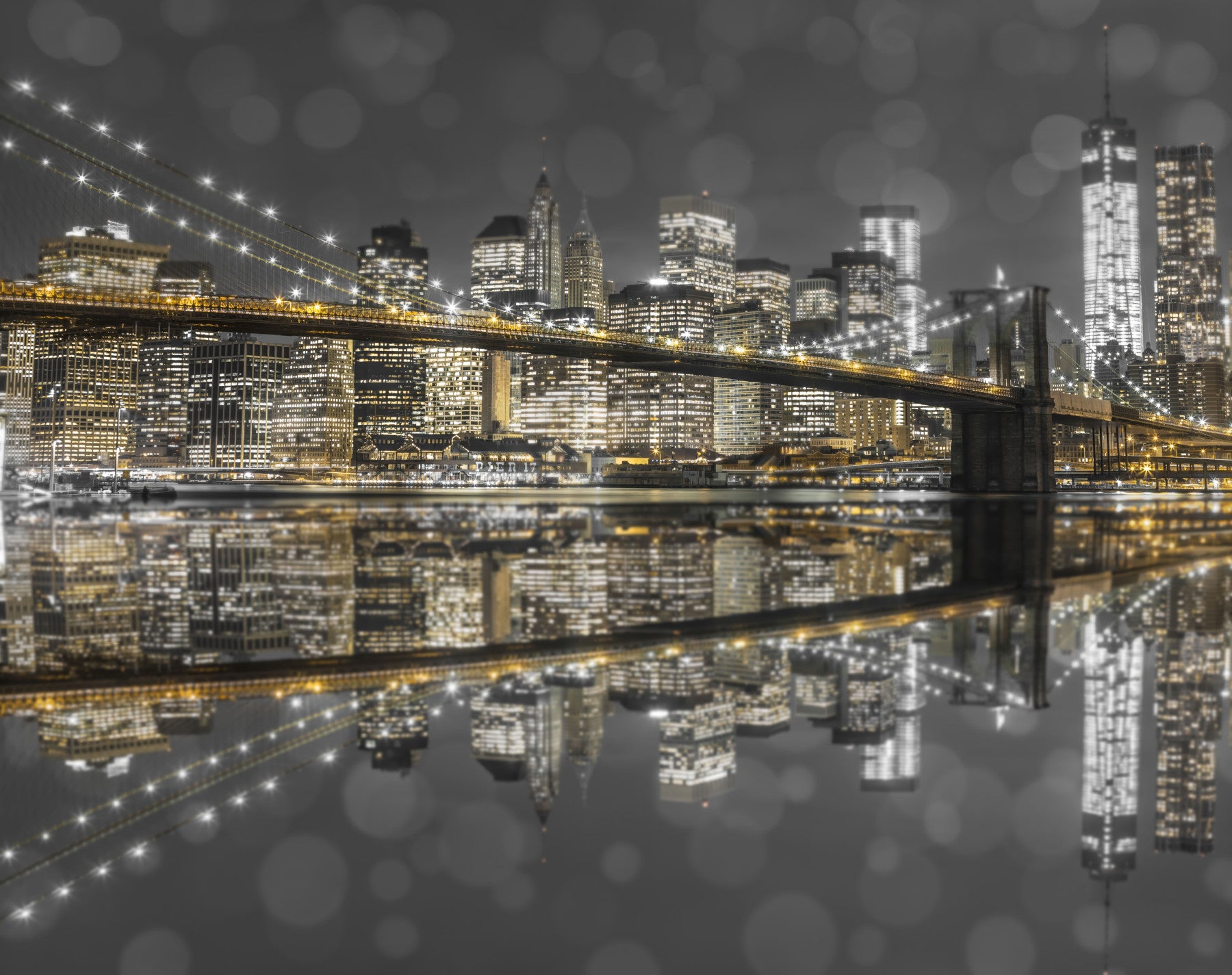 Bridge in the NYC Nightscape wall mural spans a dining room view.