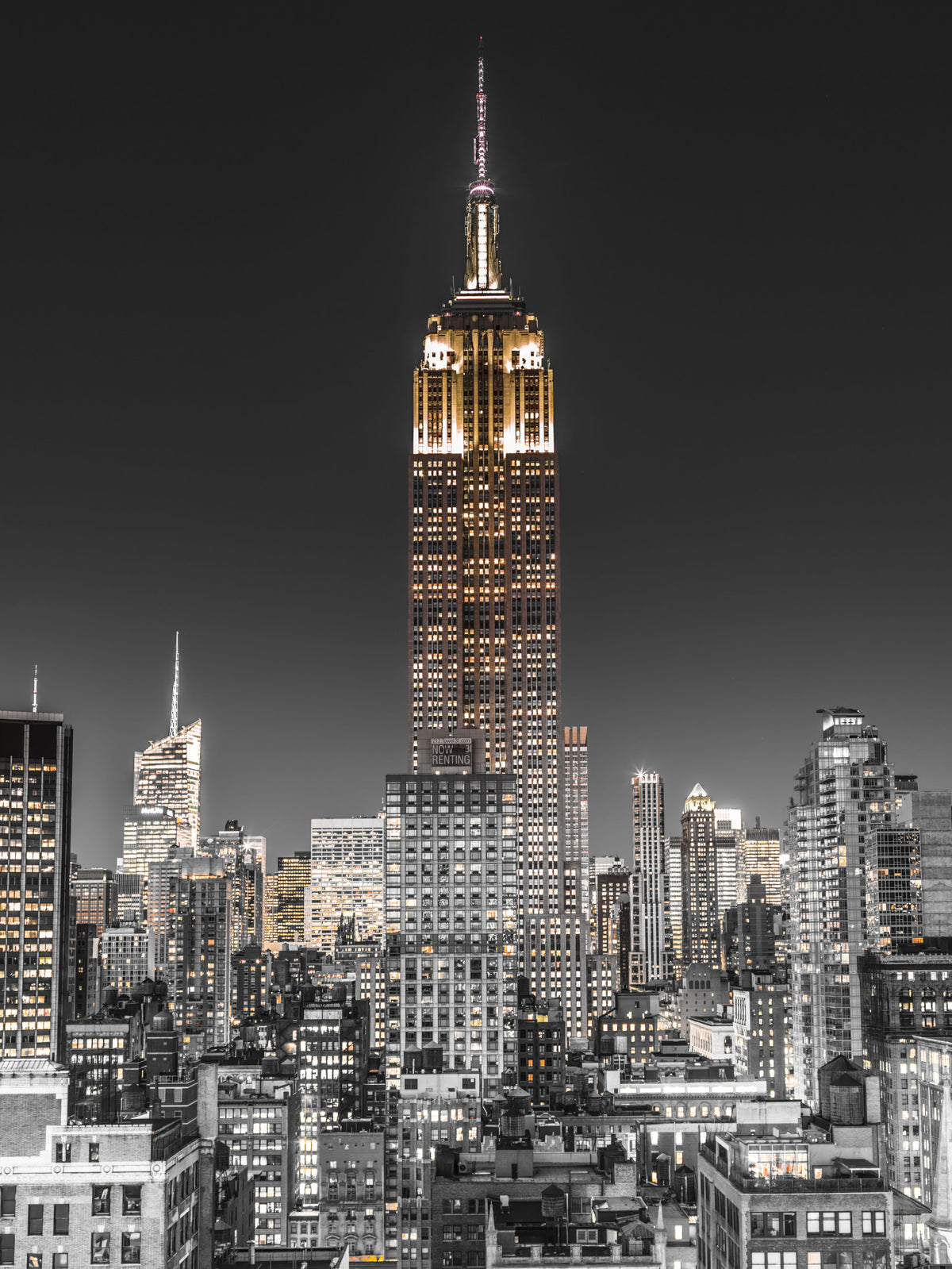 Empire Glow: NYC Night in Grayscale Gold Wall Mural in your room
