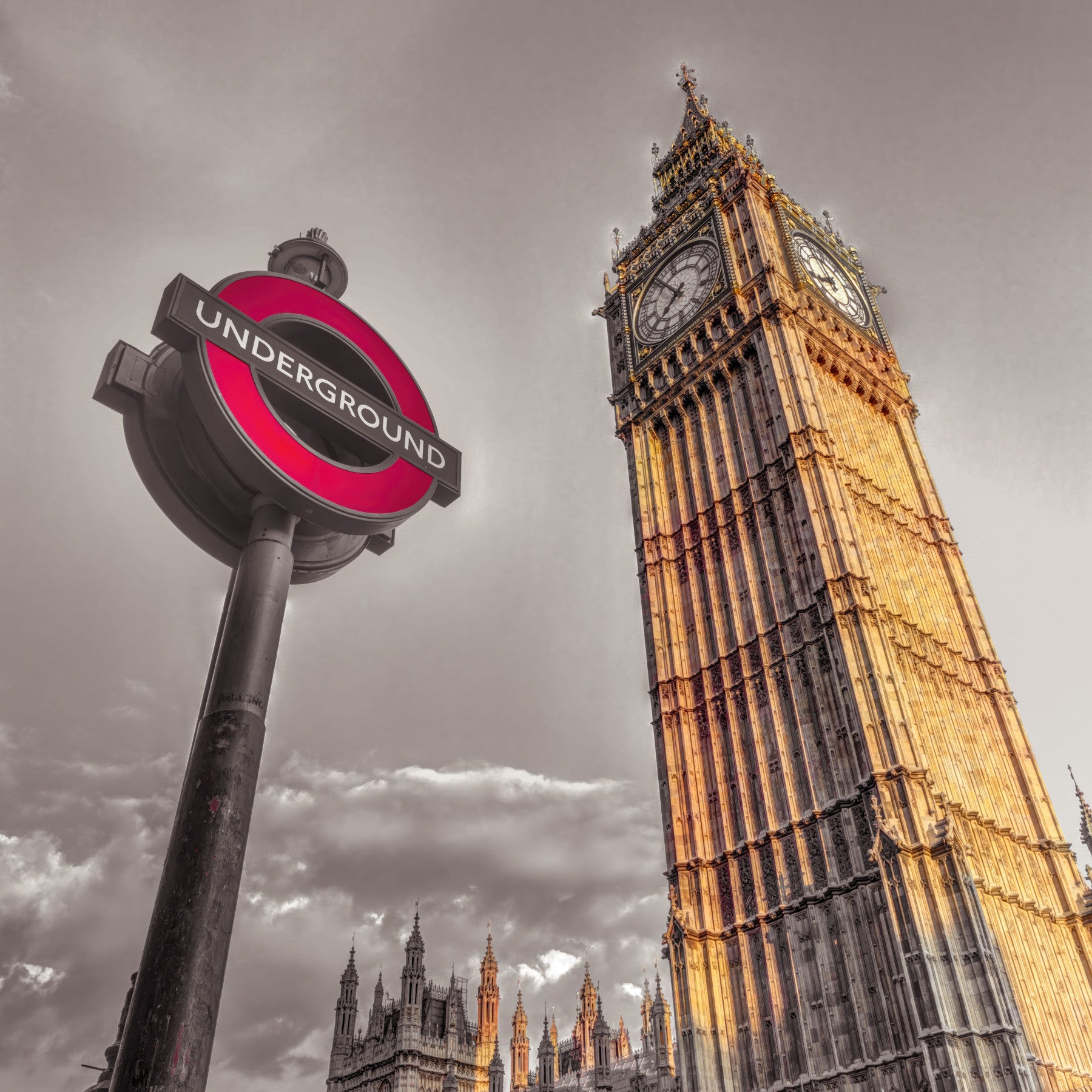 Vivid red roundel pops over the Golden Hour Contrast wall mural near a Dining room 