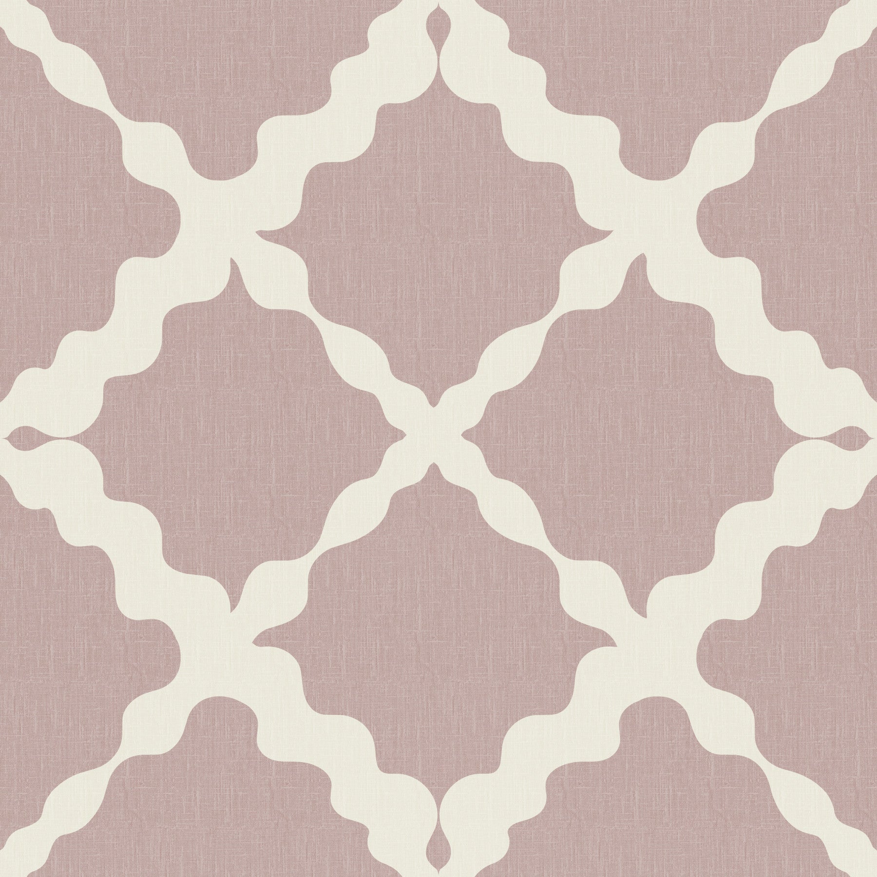 Ogee curve pattern of the Textured Trellis wallpaper opens a kitchen-dining space