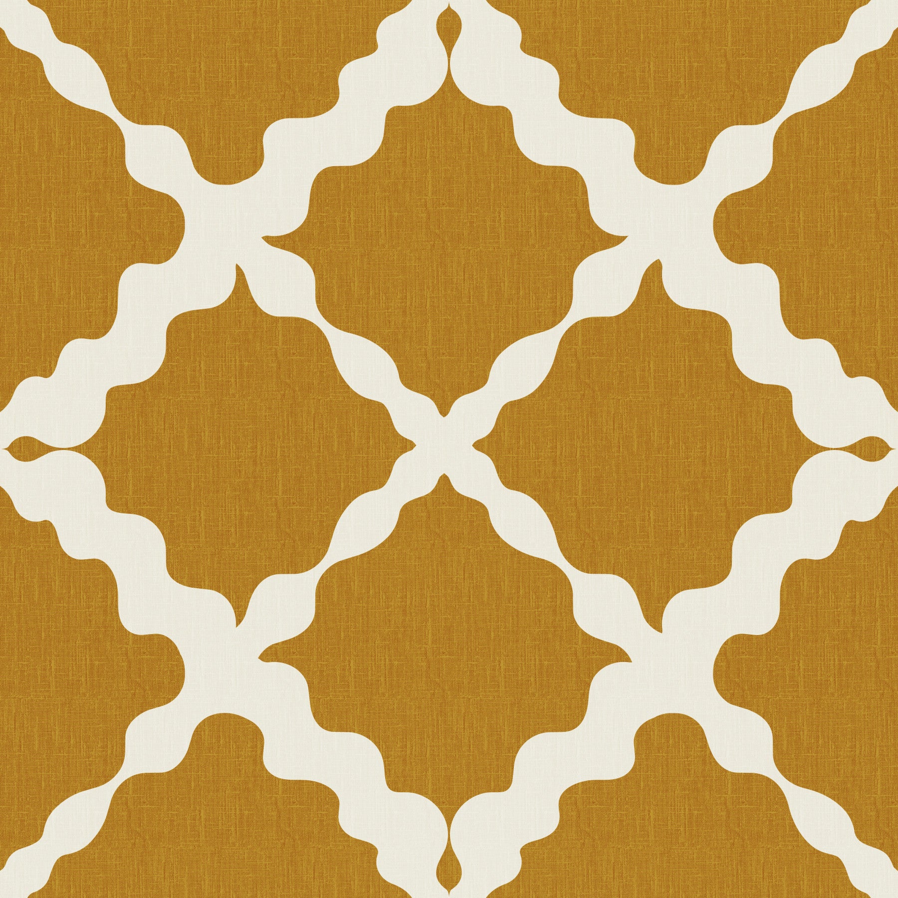 Mustard and white ogee curves lift a dining room with Textured Lattice Trellis wallpaper.