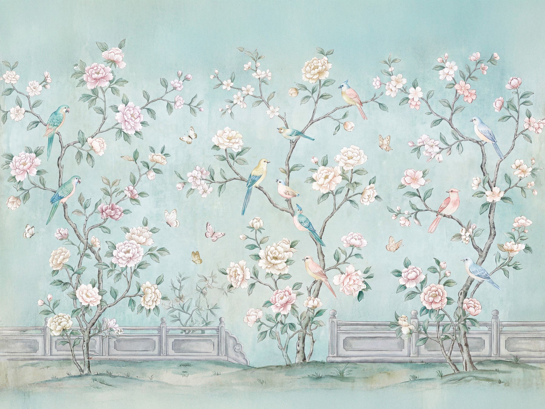 Pink peonies and birds fill a Kids bedroom with the Serene Chinoiserie Aviary wall mural.