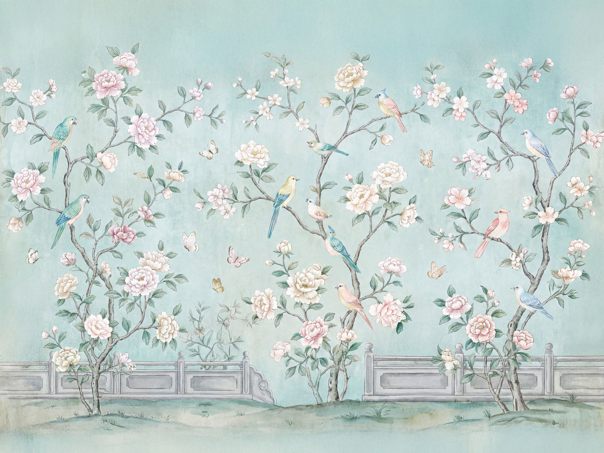 Serene Chinoiserie Aviary Wall Mural in your room — zoomed