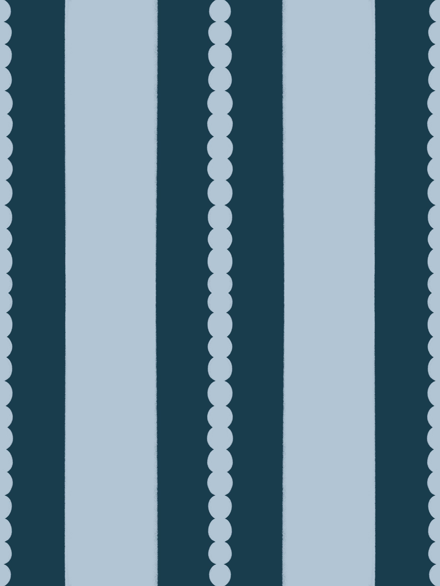 A navy striped Scallop & Dot Vertical Harmony Wallpaper⁠ lines the bedroom.