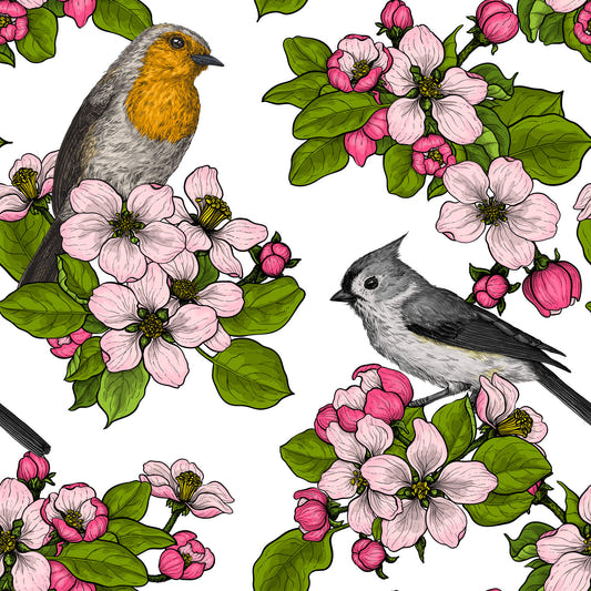 Birds and Blossoms on white 2 Wallpaper⁠