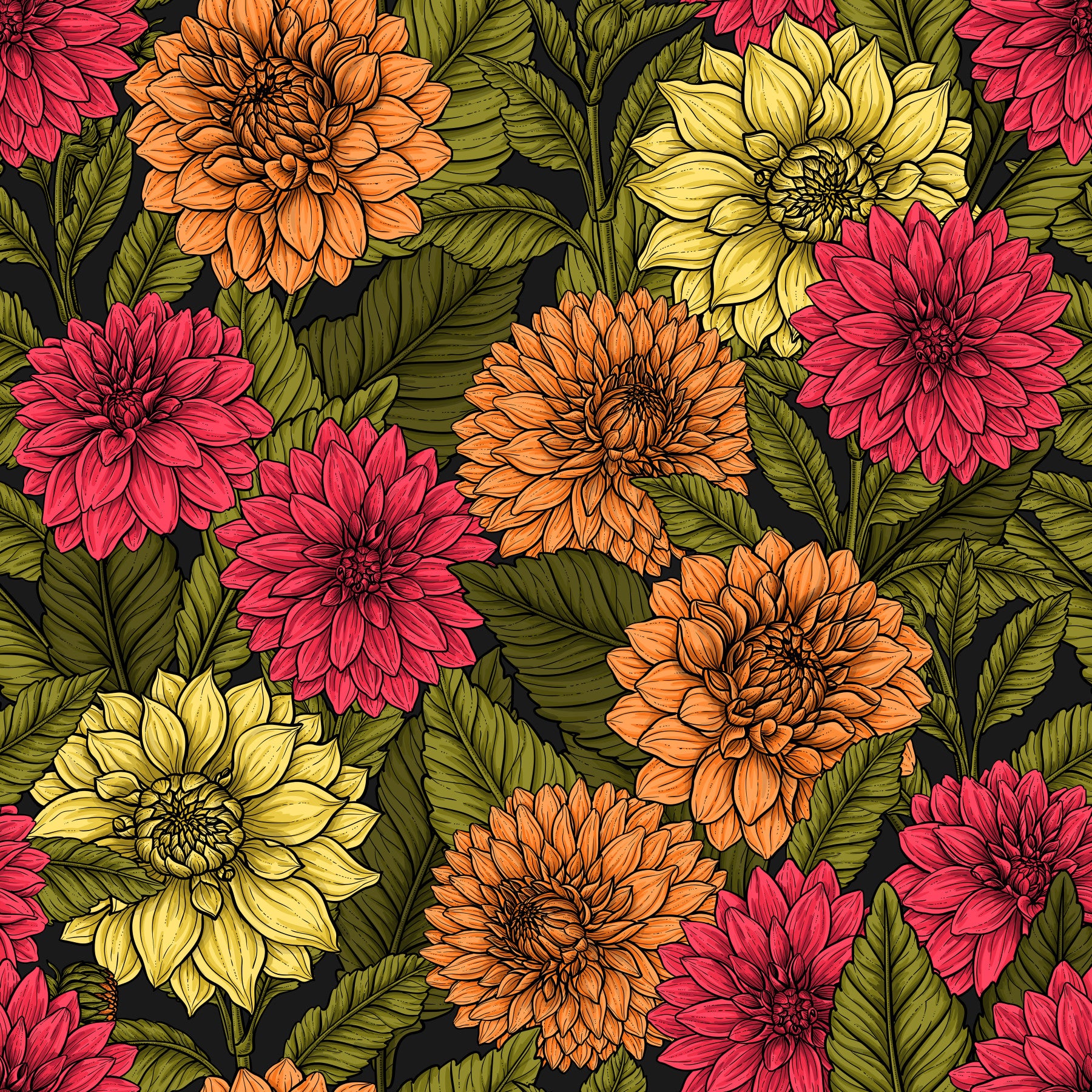 Sunlight illuminates the colorful Dahlia garden wallpaper inside this spacious living room