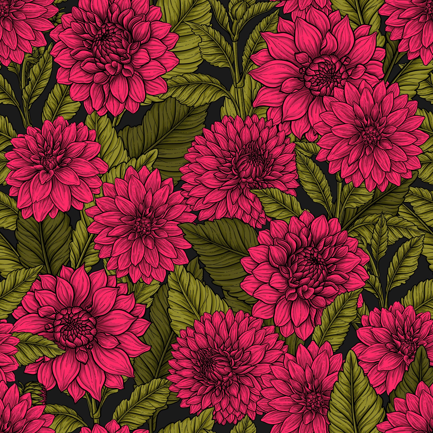 Deep pink floral patterns from the Dahlia garden Wallpaper complete the modern bedroom.