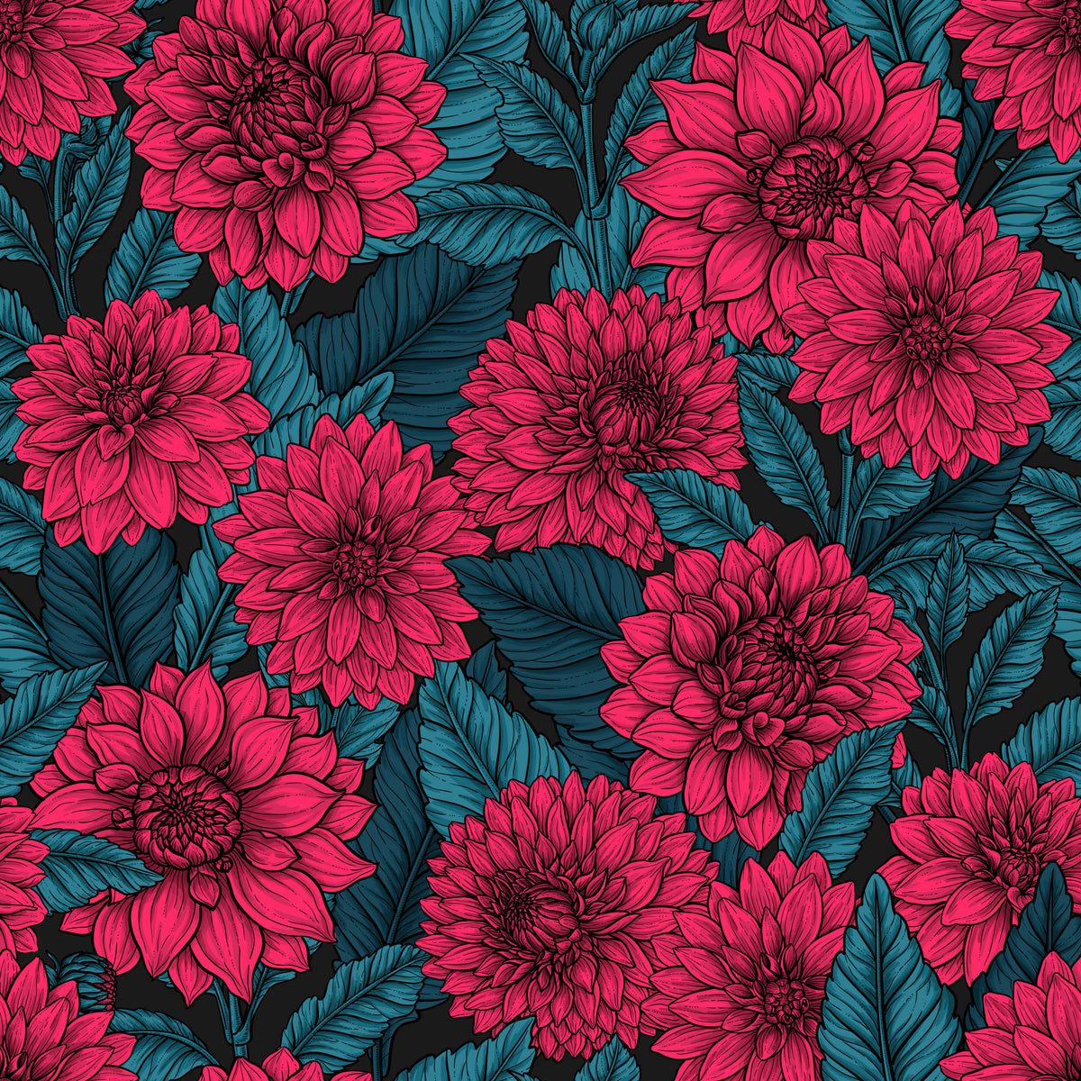 Red Dahlia garden/blue leaves Wallpaper⁠