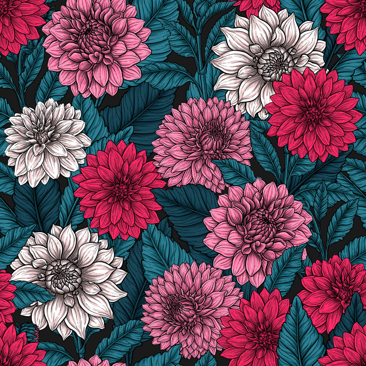 Dahlia garden/pink/red and white flowers/blue leaves Wallpaper⁠ in your room
