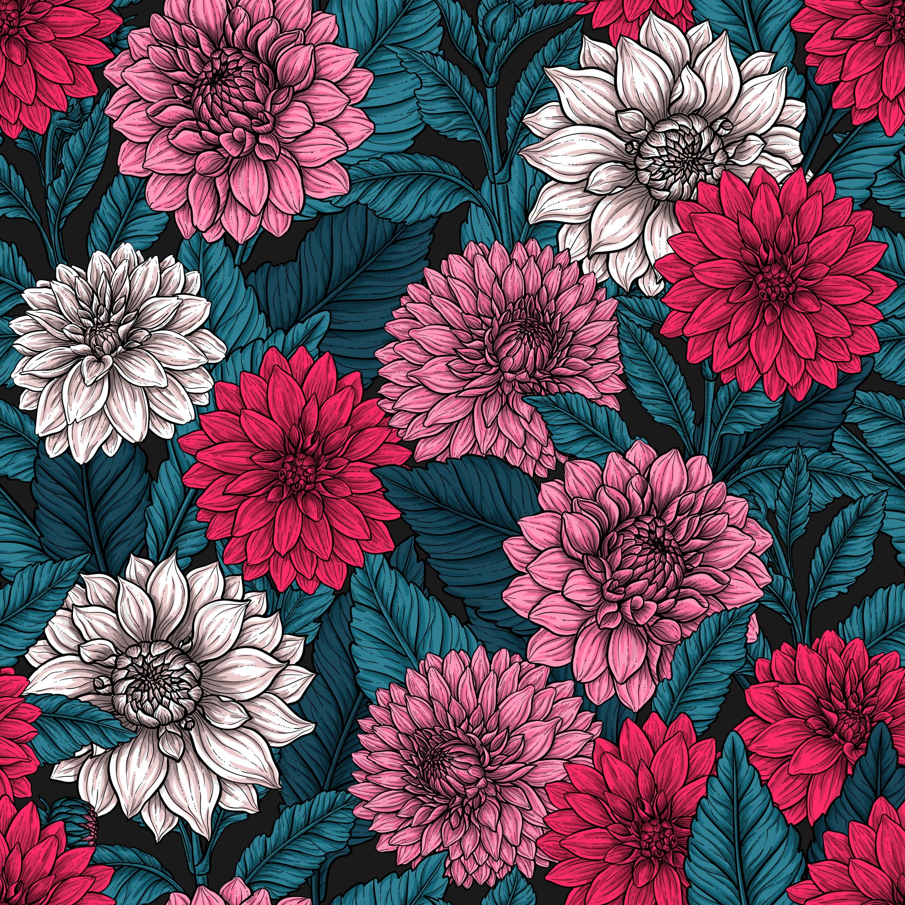 Dahlia garden/pink/red and white flowers/blue leaves Wallpaper⁠